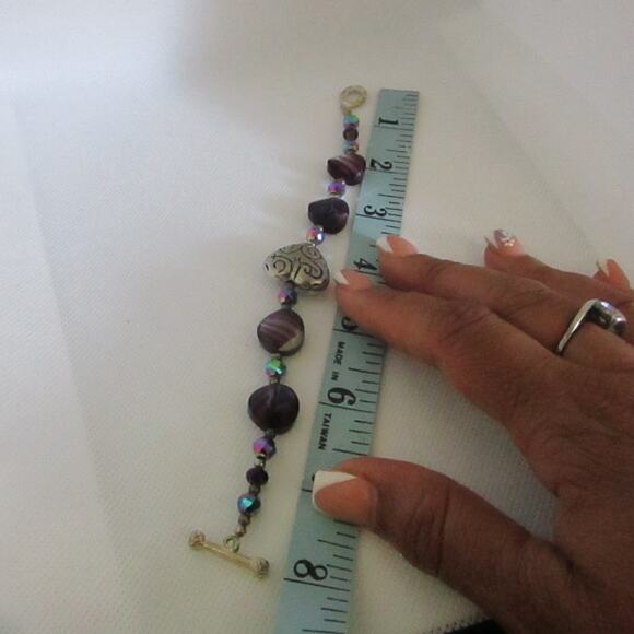 Iridescent Purple Glass Bead Bracelet with Silver Heart Charm Boho Y2K - Picture 17 of 17